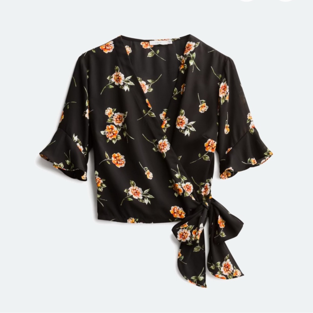 Lush Black Floral Wrap Blouse